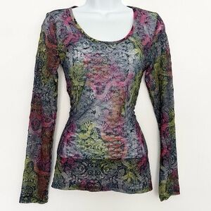 Mudd Y2K Sheer Mesh Long Sleeve Floral Top Perfect For Layering Size XL